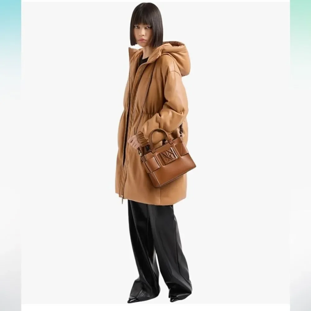 A/X Whiskey Brown Medium Faux Leather Tote with Central Logo Crossbody Strap